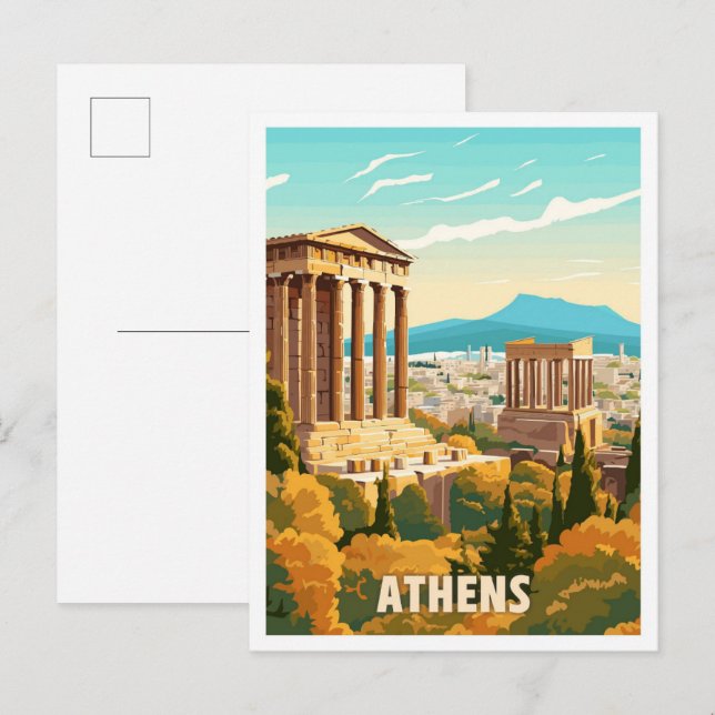 Cartão Postal Ilustração de viagem antiga de arte de Atenas Gréc (Frente/Verso)