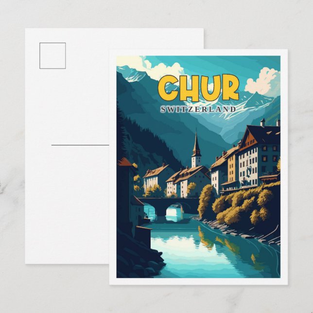 Cartão Postal Ilustração de viagem antiga de Chur Suíça (Frente/Verso)