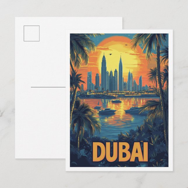 Cartão Postal Ilustração de Viagem Antiga de Dubai Emirados Árab (Frente/Verso)