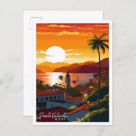 Cartão Postal Ilustração de viagem antiga de Puerto Vallarta Méx
