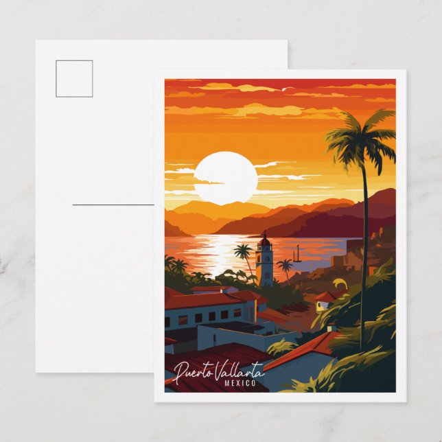 Cartão Postal Ilustração de viagem antiga de Puerto Vallarta Méx (Frente/Verso)