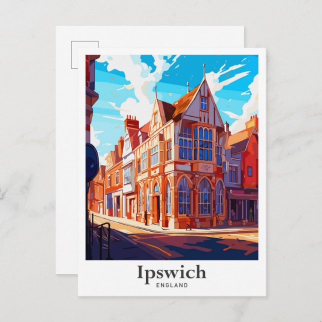 Cartão Postal Ilustração de Viagem Antiga Ipswich Inglaterra (Frente/Verso)