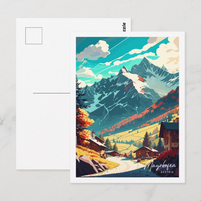 Cartão Postal Ilustração de viagem antiga Mayrhofen Áustria (Frente/Verso)