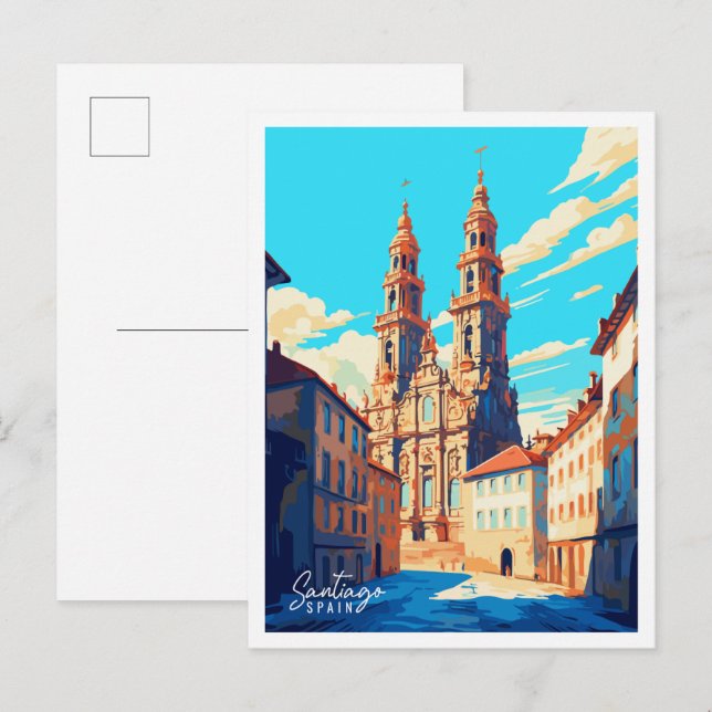 Cartão Postal Ilustração de viagem antiga Santiago Espanha (Frente/Verso)