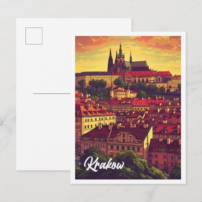 Cartão Postal Ilustração de Viagem artístico Polônia Krakow (Frente/Verso)