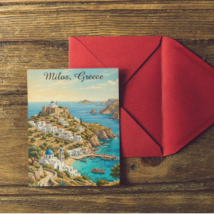 Cartão Postal Ilustração de Viagem Colorida Milos Grécia Mar Ege