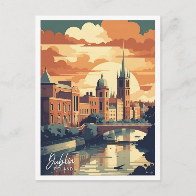 Cartão Postal Ilustração de Viagem de Arte da Irlanda de Dublin (Frente)