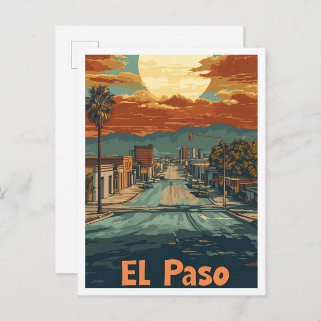 Cartão Postal Ilustração de Viagem de Arte de El Paso Texas USA (Frente/Verso)