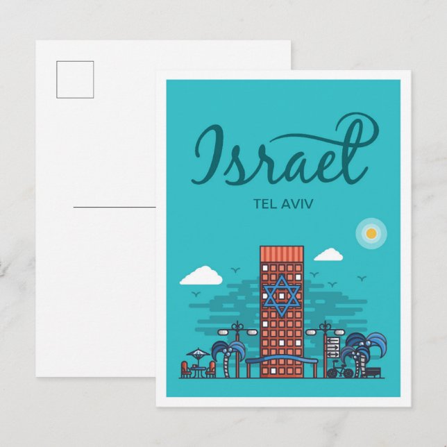 Cartão Postal Ilustração de Viagem de Arte de Israel Tel Aviv (Frente/Verso)