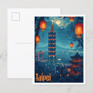 Cartão Postal Ilustração de Viagem de Arte de Taipei Vintage