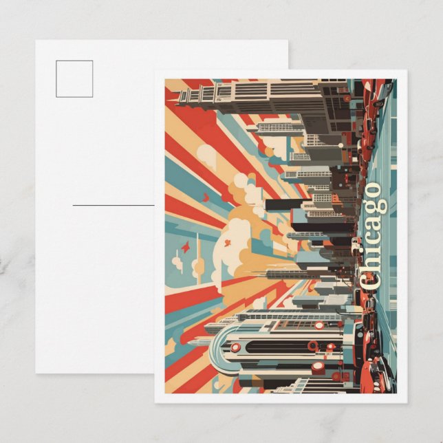 Cartão Postal Ilustração de Viagem de Arte Pop de Chicago Illino (Frente/Verso)
