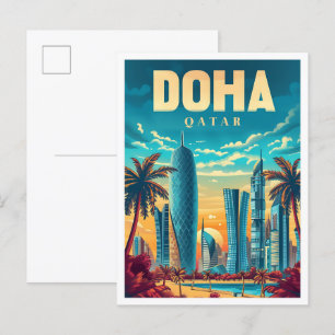 Cartão Postal Ilustração de Viagem de Arte Vintage do Qatar de D
