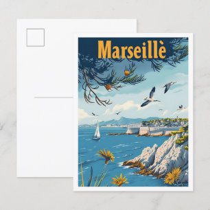 Cartão Postal Ilustração de Viagem de Arte Vintage em Marselha F