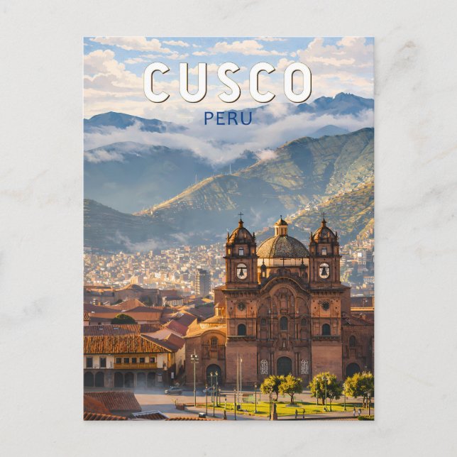 Cartão Postal Ilustração de Viagem de Cusco Peru Arte Vintage (Frente)