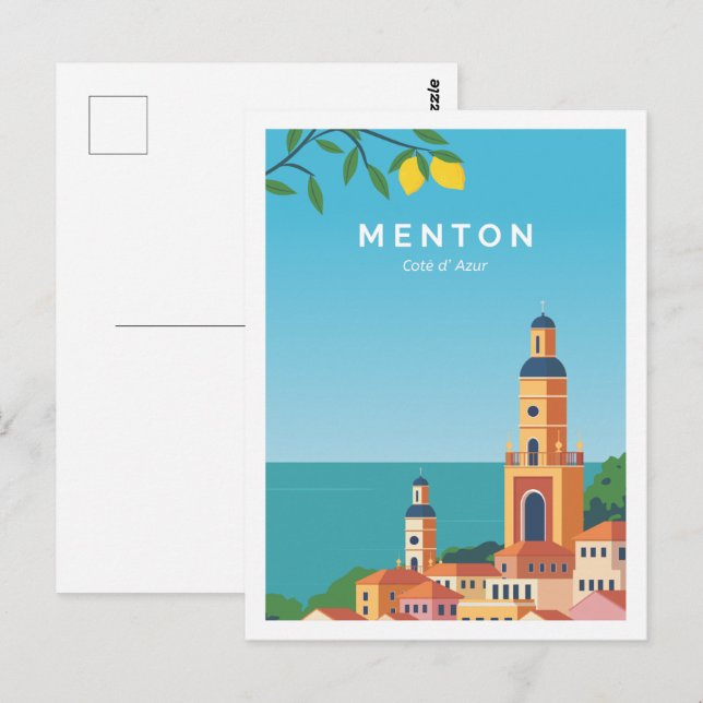 Cartão Postal Ilustração de Viagem de Local Menton Cote de Azur (Frente/Verso)