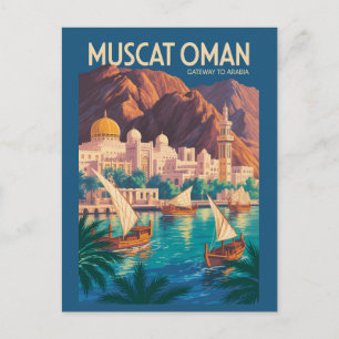 Cartão Postal Ilustração de viagem de Muscat Oman Arte Vintage