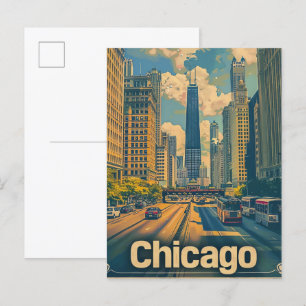 Cartão Postal Ilustração de Viagem de Retrospectiva de Chicago I