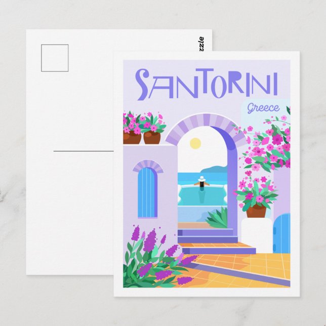 Cartão Postal Ilustração de Viagem Famosa da Grécia Santorini (Frente/Verso)