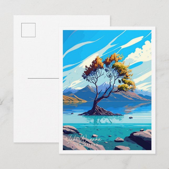 Cartão Postal Ilustração de Viagem Lago Wanaka Nova Zelândia (Frente/Verso)