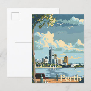 Cartão Postal Ilustração de Viagem retrô da Perth Austrália Vint