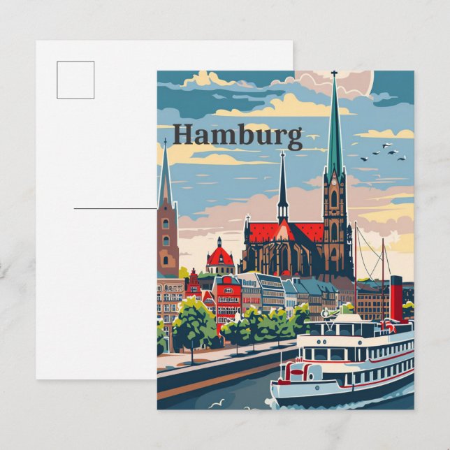 Cartão Postal Ilustração de Viagem retrovisor de Hamburgo, Alema (Frente/Verso)
