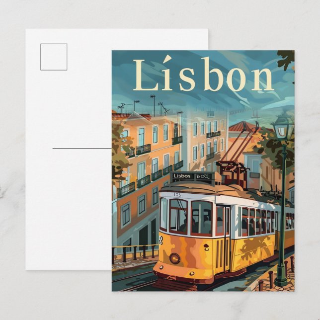 Cartão Postal Ilustração de Viagem retrovisor de Lisboa Portugal (Frente/Verso)