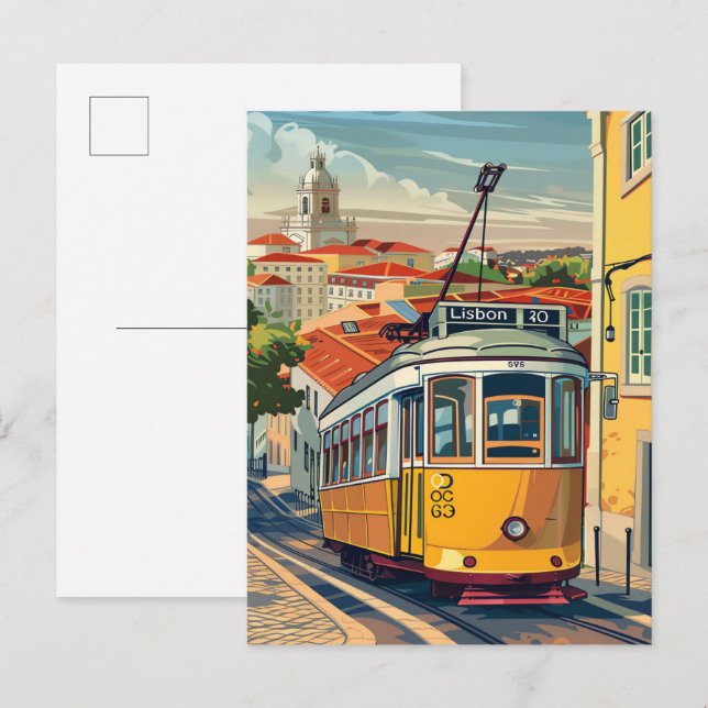 Cartão Postal Ilustração de Viagem retrovisor de Lisboa Portugal (Frente/Verso)