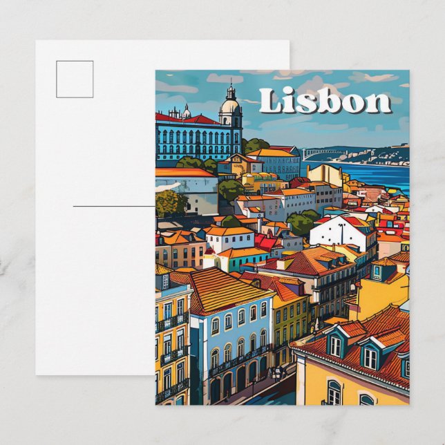 Cartão Postal Ilustração de Viagem retrovisor de Lisboa Portugal (Frente/Verso)