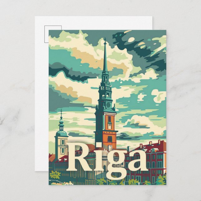 Cartão Postal Ilustração de Viagem retrovisor Riga Latvia (Frente/Verso)