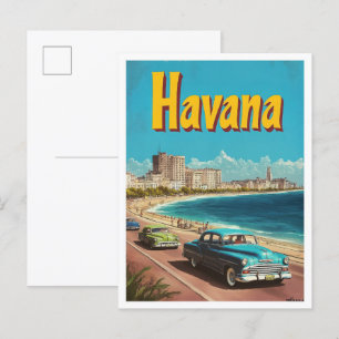 Cartão Postal Ilustração de viagem vintage arte Havana Cuba