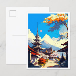 Cartão Postal Ilustração de Viagem Vintage Chiang Mai Tailândia