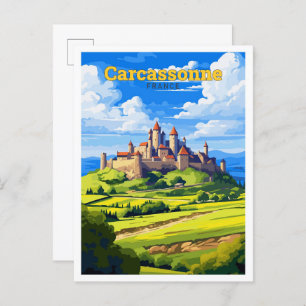 Cartão Postal Ilustração de Viagem Vintage da Carcassonne France