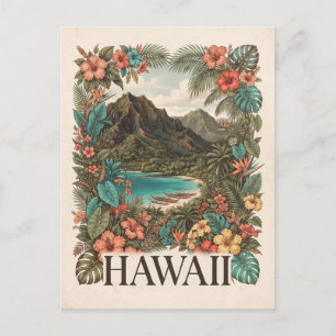 Cartão Postal Ilustração de Viagem Vintage do Havaí com Flores