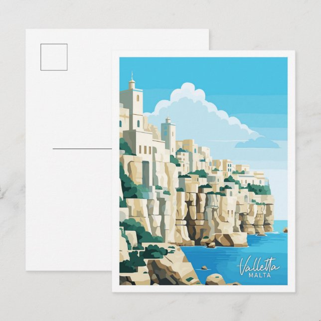 Cartão Postal Ilustração de Viagem Vintage La Malta (Frente/Verso)