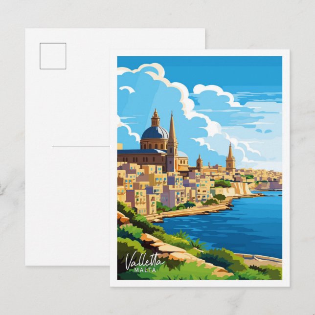 Cartão Postal Ilustração de Viagem Vintage La Malta (Frente/Verso)