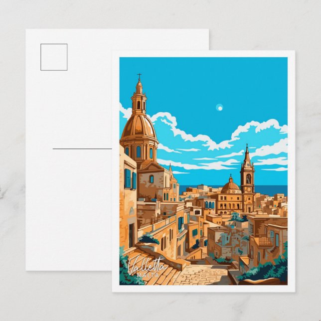 Cartão Postal Ilustração de Viagem Vintage La Malta (Frente/Verso)