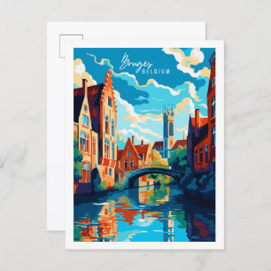 Cartão Postal Ilustração de viagens vintage Bruges Belgium