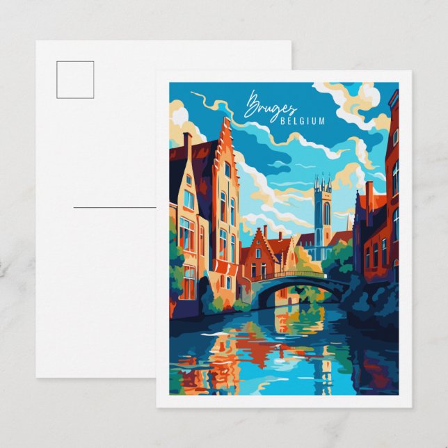 Cartão Postal Ilustração de viagens vintage Bruges Belgium (Frente/Verso)