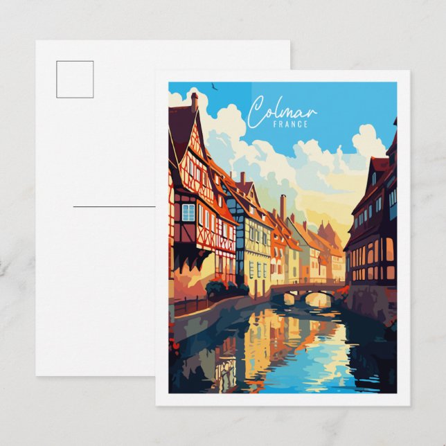 Cartão Postal Ilustração de viagens vintage Colmar France (Frente/Verso)