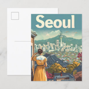 Cartão Postal Ilustração de Viagens vintage da Coreia do Sul de 