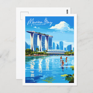 Cartão Postal Ilustração de viagens vintage da Marina Bay Singap