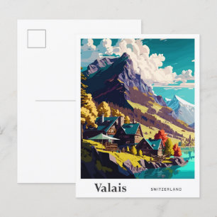 Cartão Postal Ilustração de Viagens vintage de Arte Suiça Valais