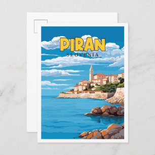 Cartão Postal Ilustração de viagens vintage de Piran Eslovênia