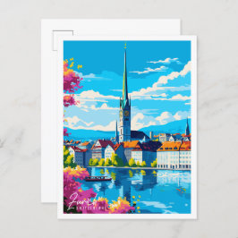 Cartão Postal Ilustração de viagens vintage de Suiça Zurique