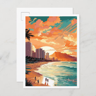 Cartão Postal Ilustração de Viagens vintage de Waikiki Beach Haw