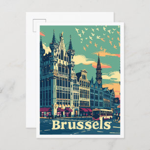 Cartão Postal Ilustração de Viagens vintage em Bruxelas na Bélgi