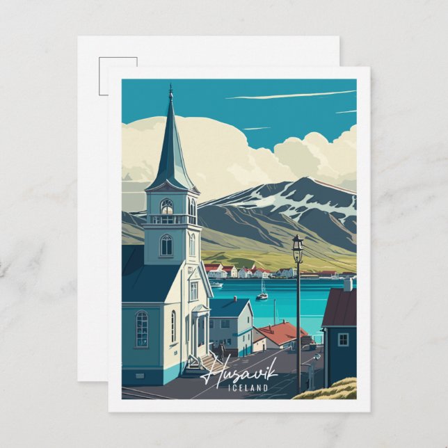 Cartão Postal Ilustração de viagens vintage Husavik Islândia (Frente/Verso)