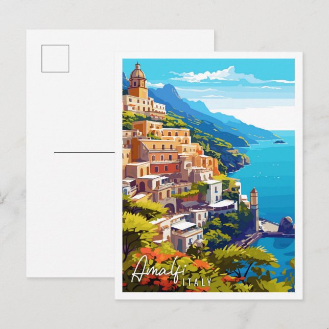 Cartão Postal Ilustração de viagens vintage Itália Amalfi (Frente/Verso)