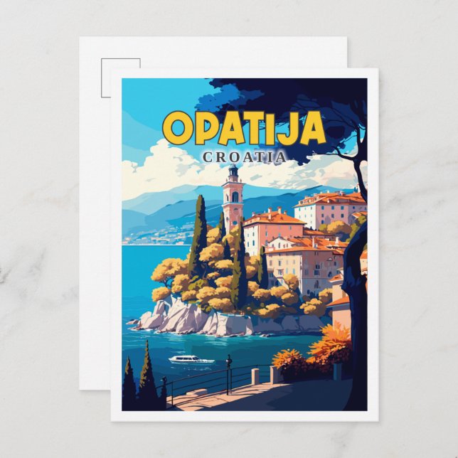Cartão Postal Ilustração de viagens vintage Opatija Croácia (Frente/Verso)
