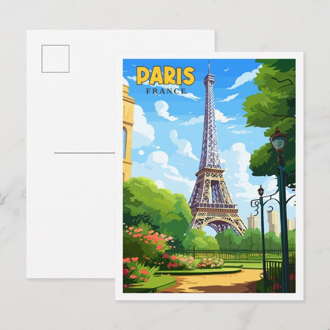 Cartão Postal Ilustração de viagens vintage Paris França (Frente/Verso)